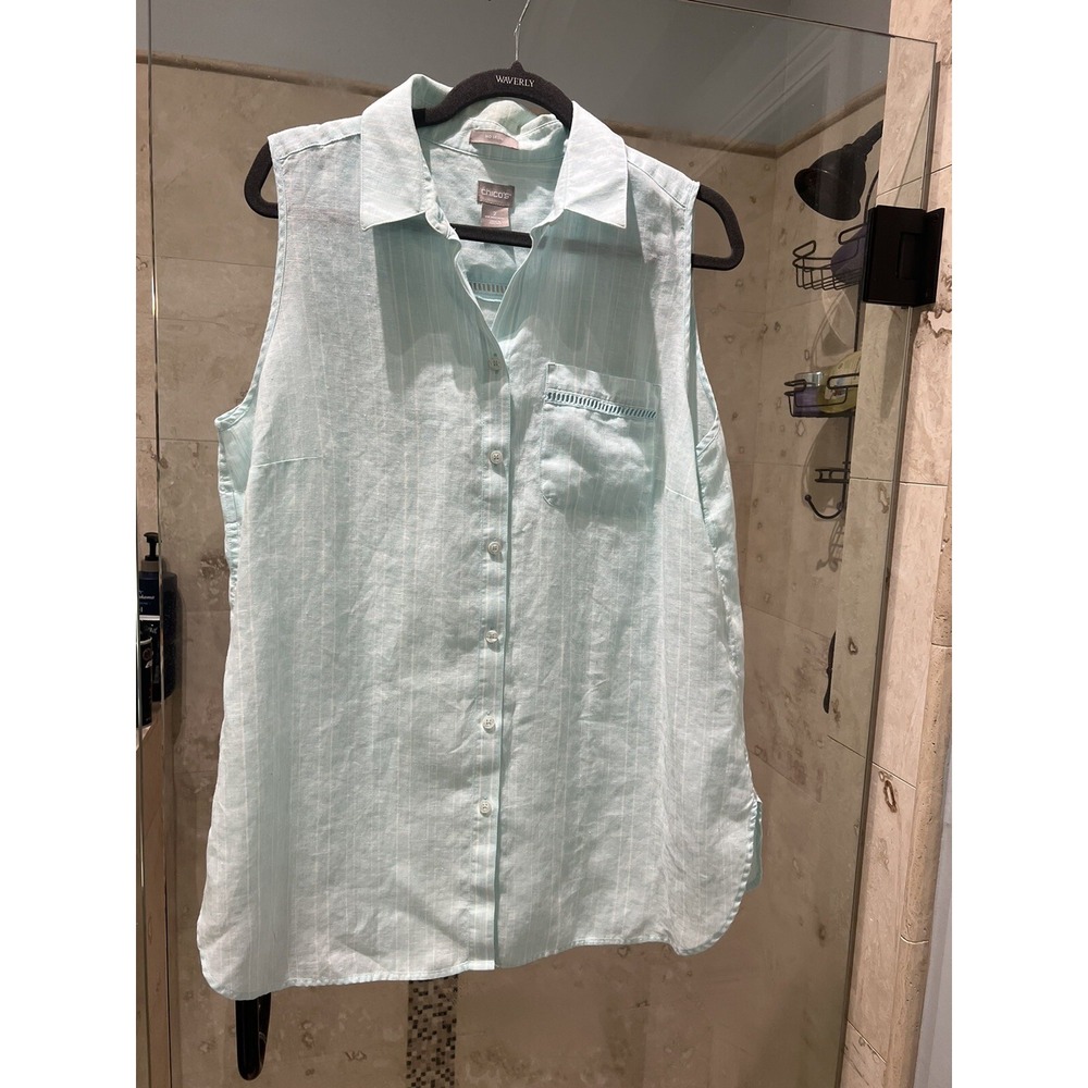 Chicos No Iron Sleeveless Striped Linen Tunic Top Blue White Size 2 L 12 14